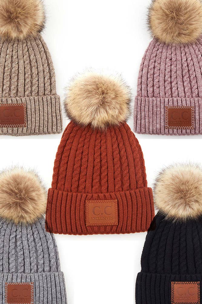 C.C Double Braided Beanie with Faux Fur Pom – Warm Winter Hat with Leather Patch