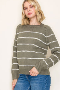 Rosalind Striped Crew Neck Pullover Sweater – Cozy Long Sleeve Knit Top