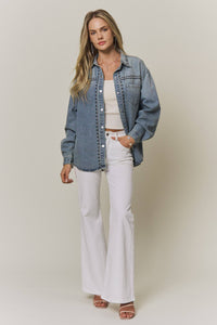 Maren Embroidered Denim Button-Up Shacket: Medium Wash