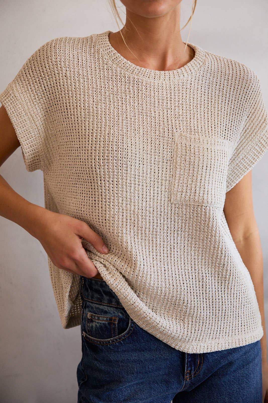 The Collins Textured Knit Pocket Top: Natural  – Cuffed Sleeve Crew Neck Everyday Sweater Tee for Women