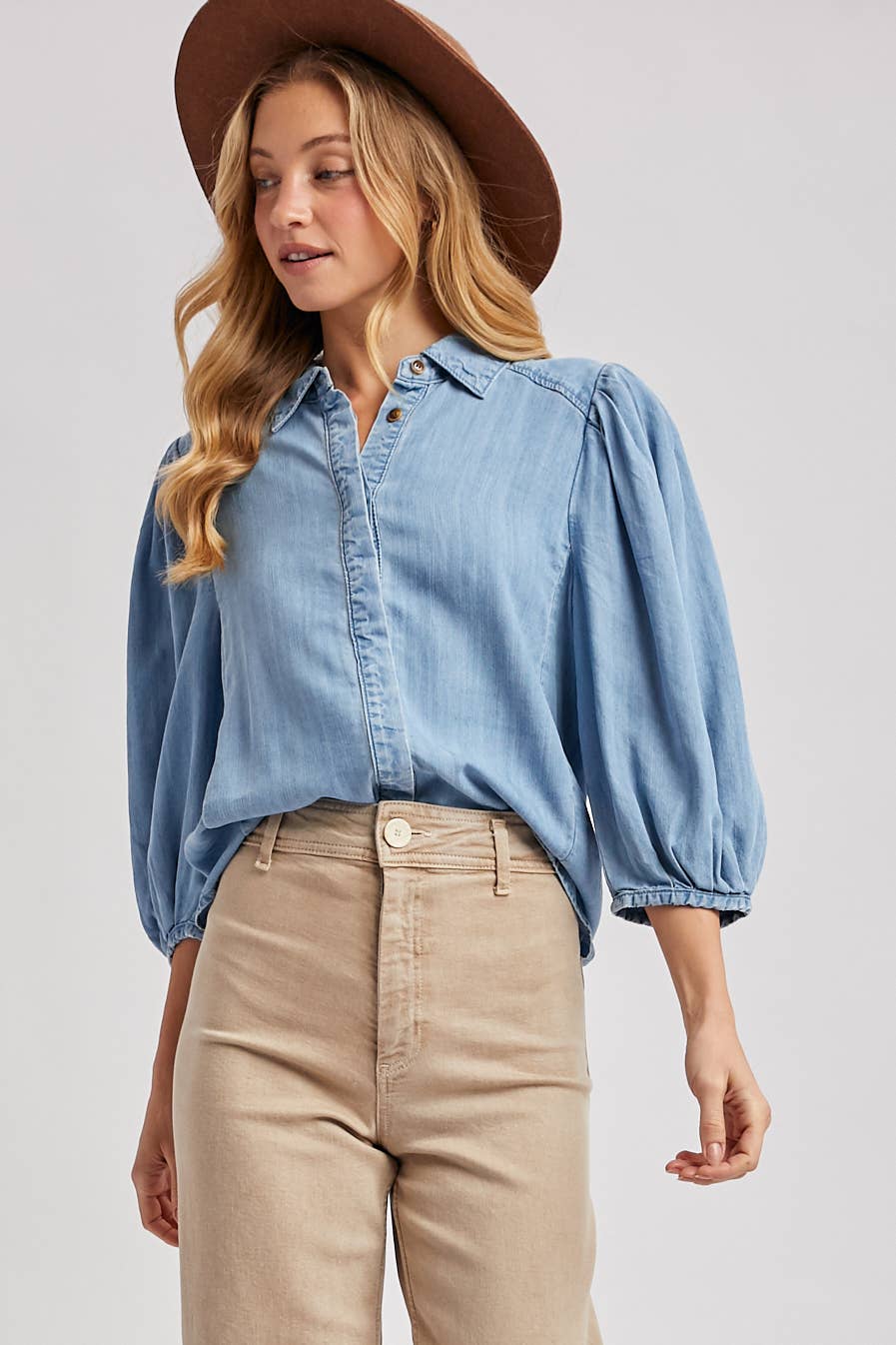 Elowen Denim Balloon Sleeve Button-Up Top