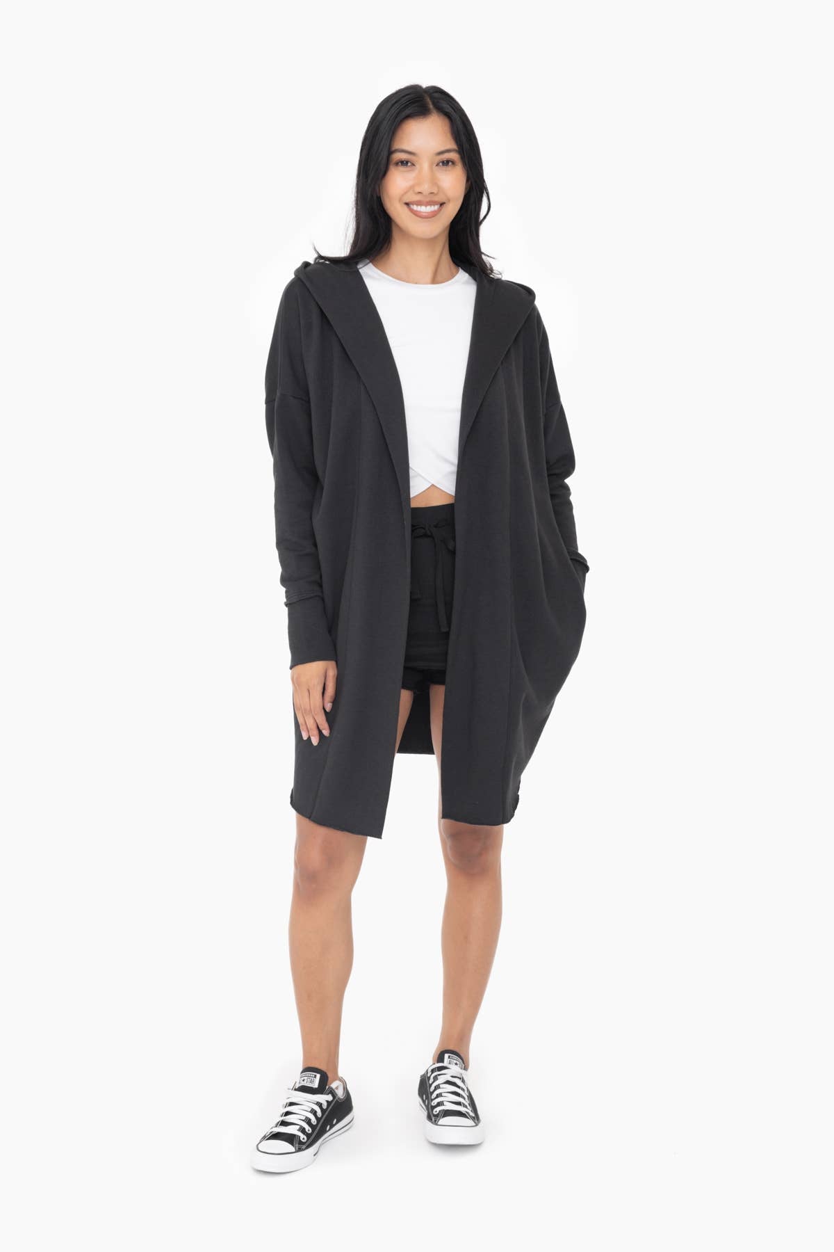 Stephanie Open Front Longline Hoodie Cardigan: BLACK