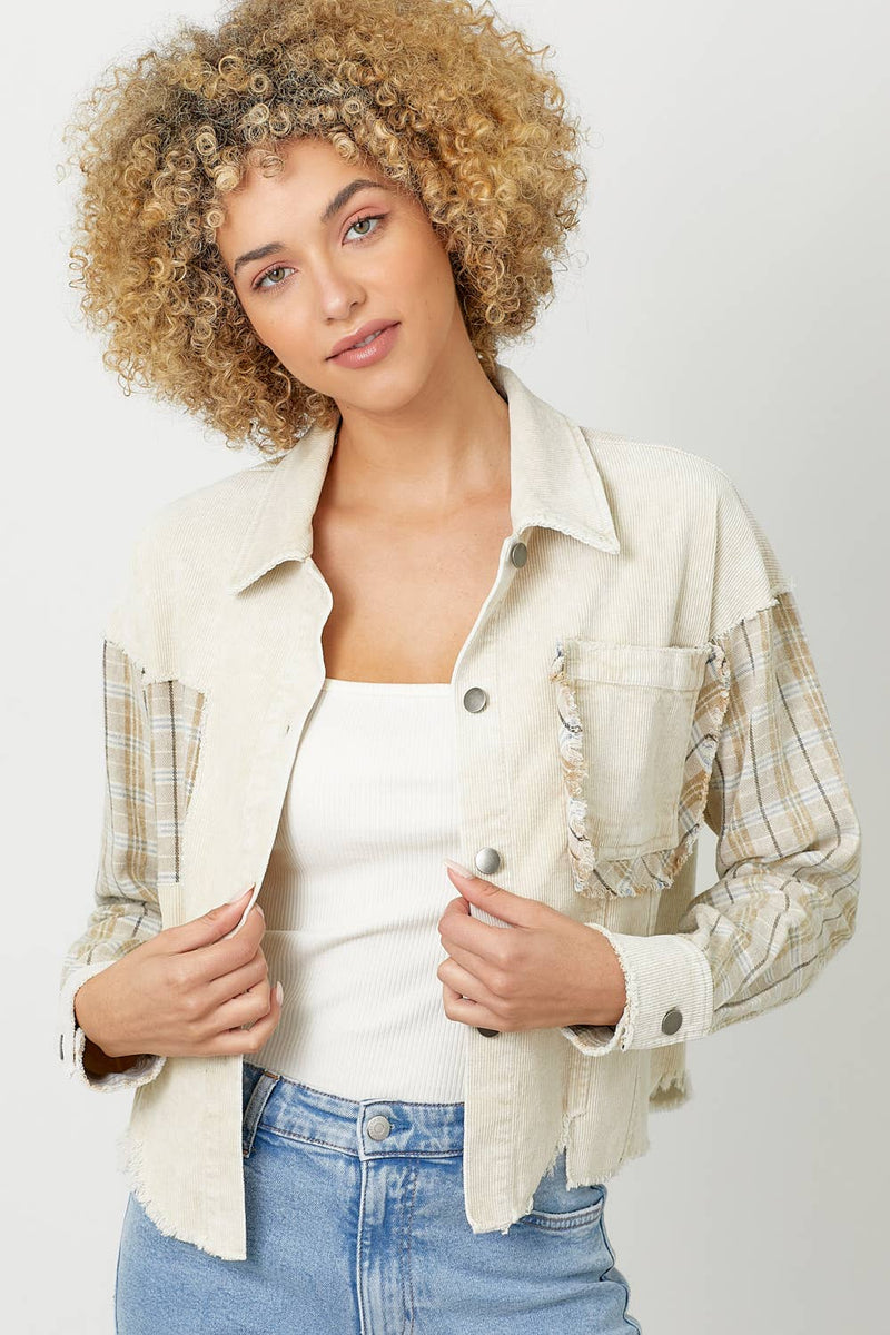 The Elsie Corduroy Plaid Contrast Jacket – Almond Mix