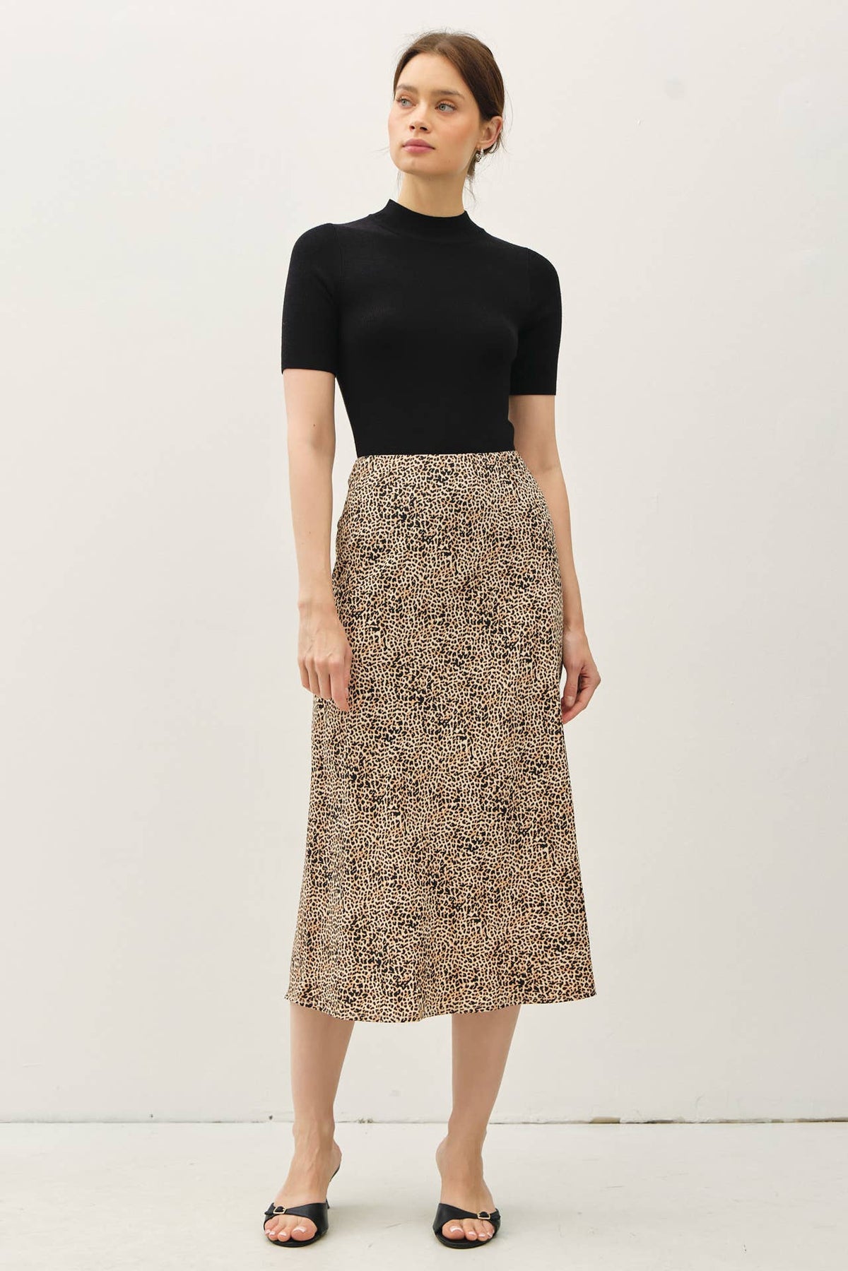 Chloe Animal Print Midi Skirt with Elastic Waistband: Brown Leopard