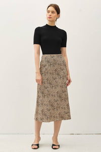 Chloe Animal Print Midi Skirt with Elastic Waistband: Brown Leopard