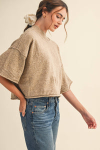 The Winterlyn Marled Mock Neck Sweater: Mocha Mousse – Semi-Cropped Short Sleeve Knit
