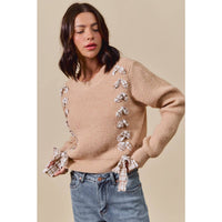 Harper Plaid Bow Detail Sweater: Taupe