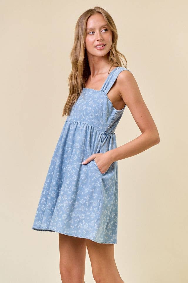 Bluebell Breeze Floral Chambray Babydoll Mini Dress: Light Denim – Square Neck Denim Boutique Dress with Pockets