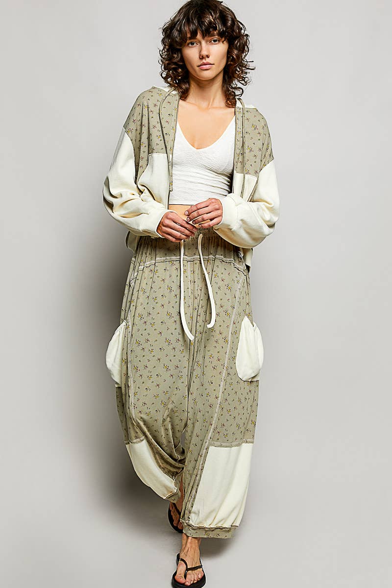 The Wildflower Weekend Hoodie: Sage Floral Print Thermal Patch Hoodie – Long Sleeve Knit Regular Fit Top