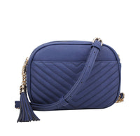 Veronica V-Stitch Tassel Crossbody Bag – Coffee & Stone | Faux Leather Small Purse with Double Zipper Top, Adjustable Strap, Gold Hardware