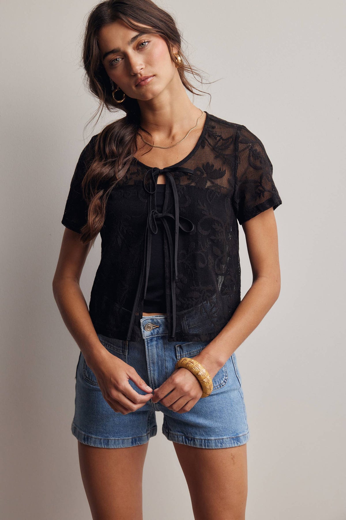 The Rosalie Floral Lace Top: Black – Scoop Neck Tie Front Feminine Blouse