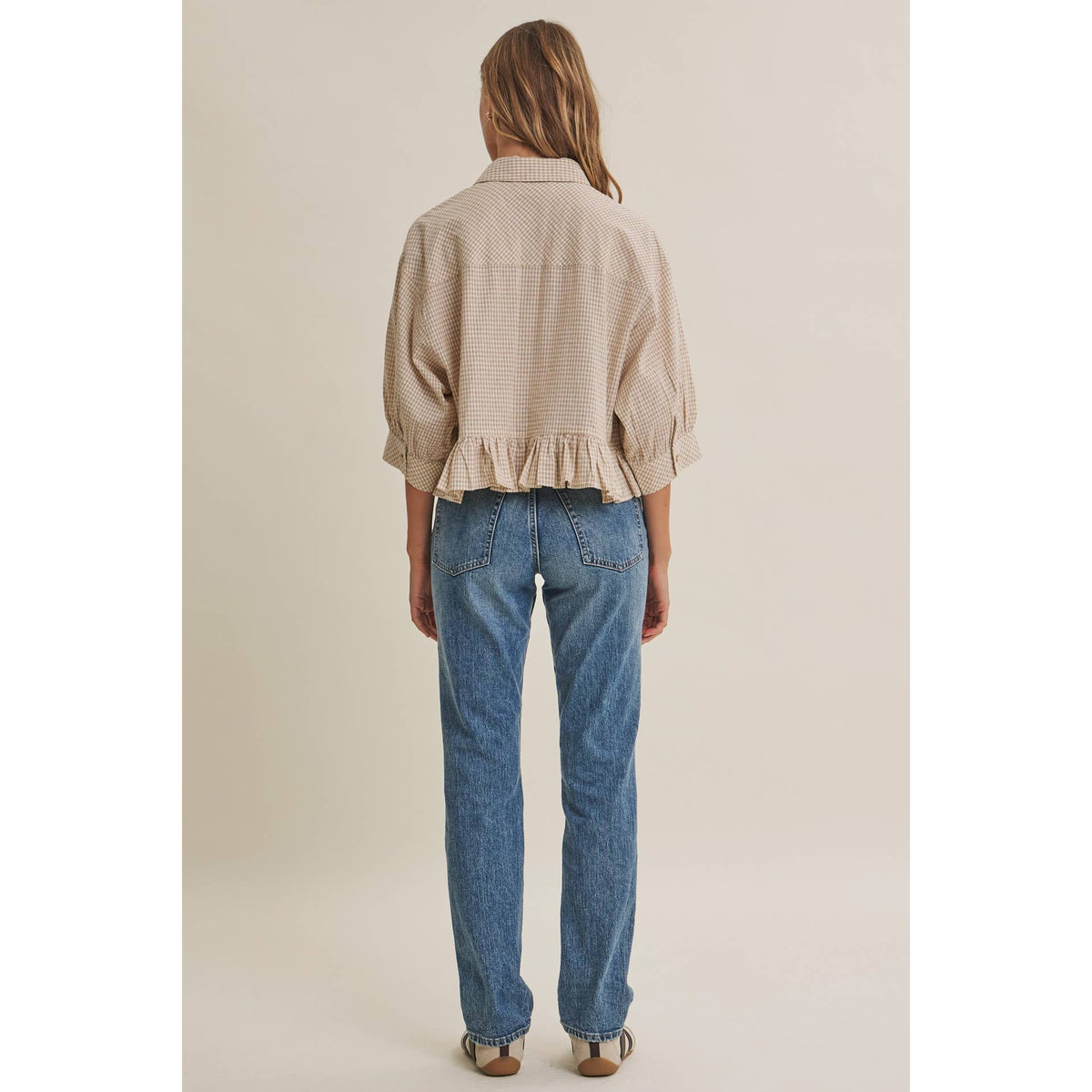 MORNING OAT MICRO CHECK RUFFLE HEM BUTTON-DOWN SHIRT: VANILLA / S