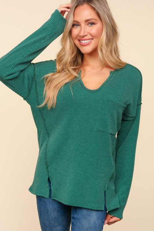 Mila Vintage Wash Ribbed Long Sleeve Basic Top