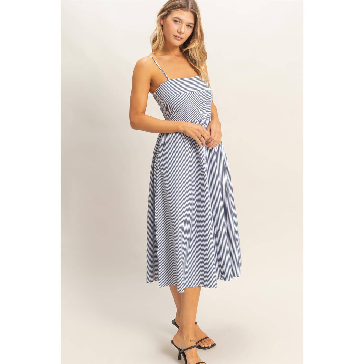 Striped Spaghetti Strap Dress: NAVY / S-M-L(2-2-2)