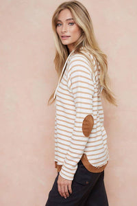 Paige Striped Hoodie Top With Elbow Patch: Toffee