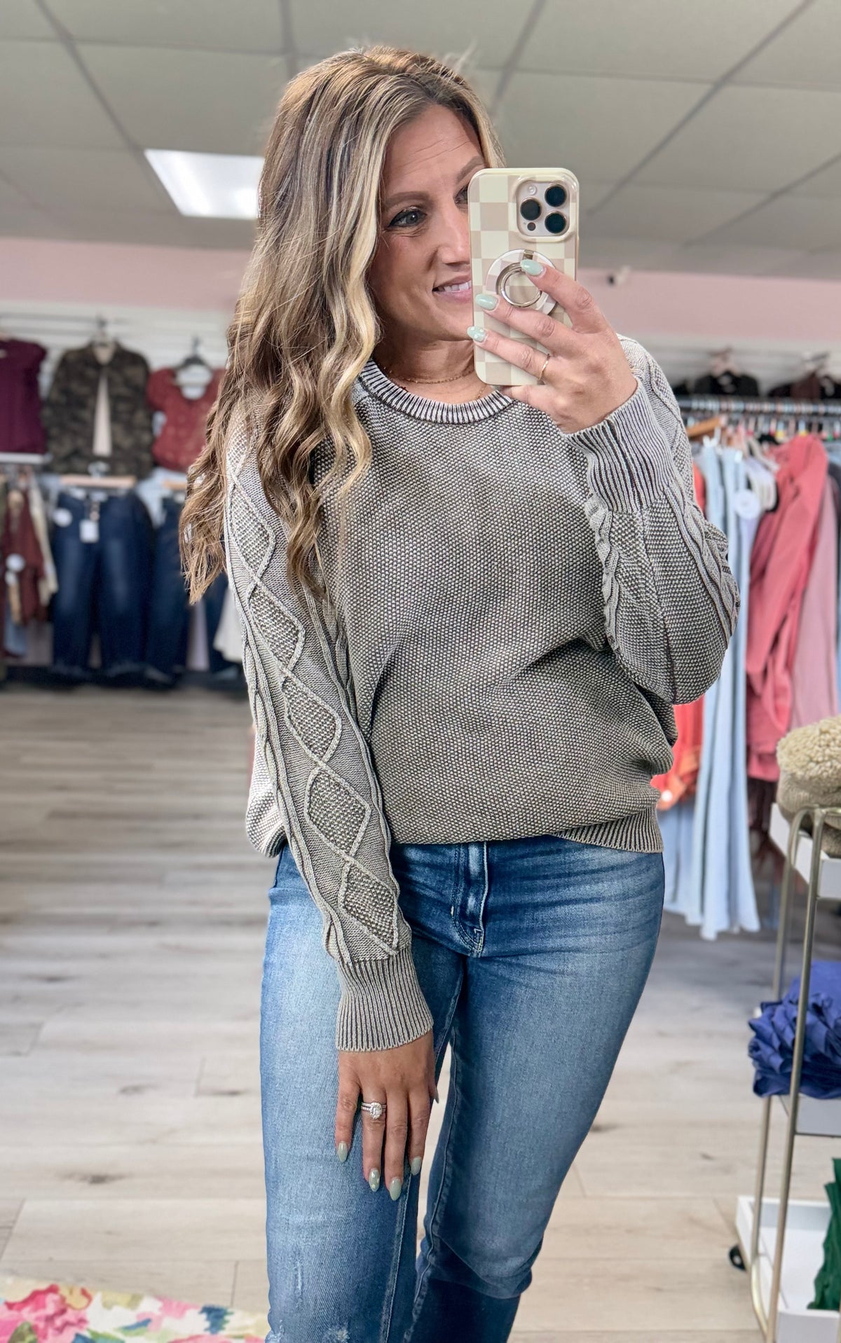 Clara Mocha Cable Knit Crewneck Sweater – Women’s Stone Washed Cotton Pullover