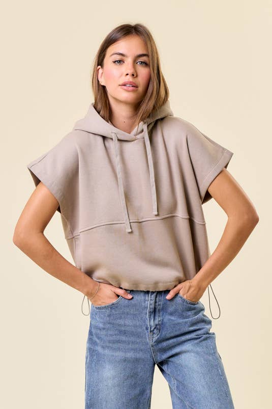 Blaire Oversized Cropped Sleeveless Hoodie – Fleece Drawstring Hem