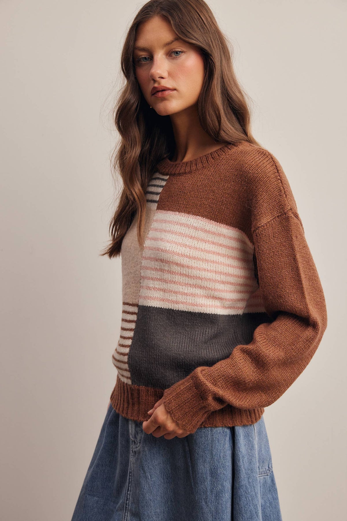 Worth the Mix Colorblock Sweater: Brown/ Multi