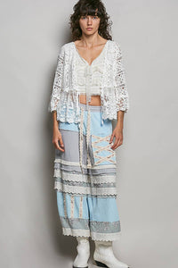 V-neck Short Sleeve Crochet Floral Lace Cardigan: NATURAL / OS
