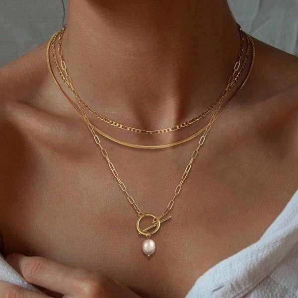 18K Gold Stainless Steel Layered Pearl Necklace – Tarnish Free Waterproof Jewelry