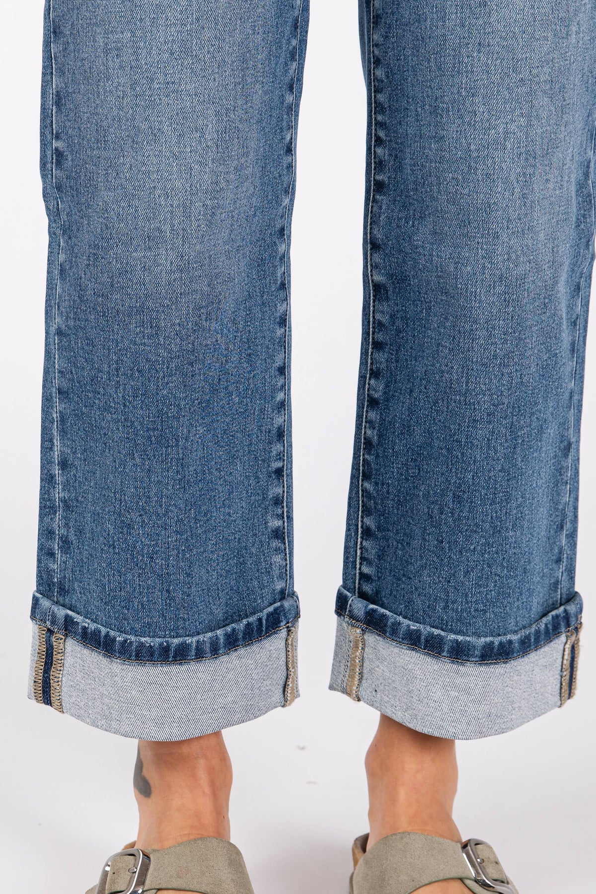 Ella High Rise Relaxed Straight Jeans with Cuffed Hem – Medium Wash