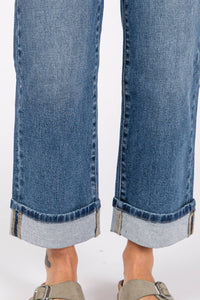 Ella High Rise Relaxed Straight Jeans with Cuffed Hem – Medium Wash