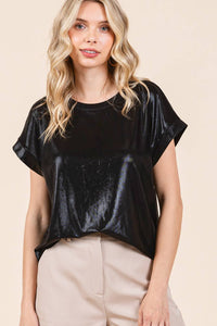 Riley Metallic Knit Short Sleeve Blose: Black