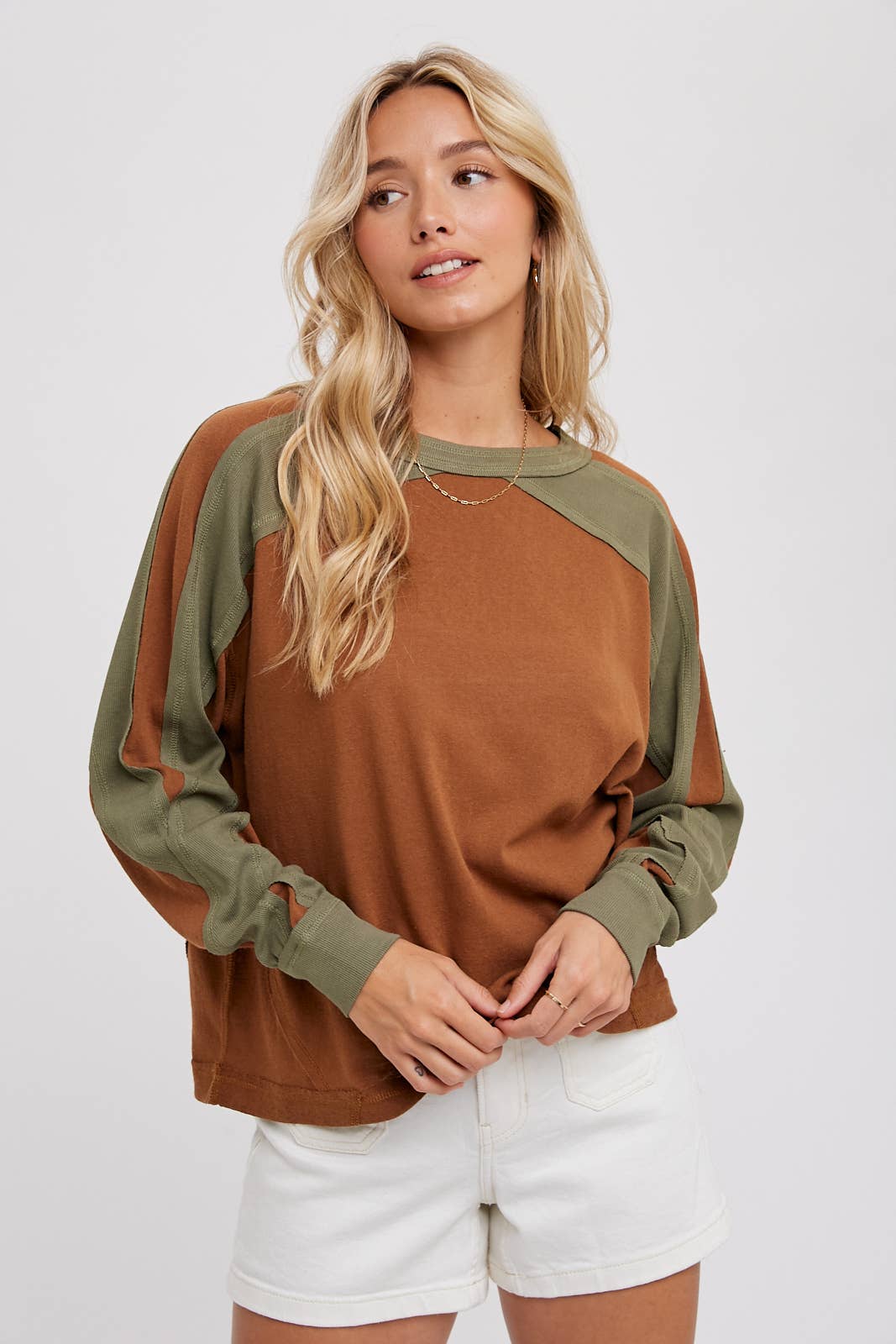 Sutton Contrast Sleeve Oversized Long Sleeve Top – Chestnut & Olive