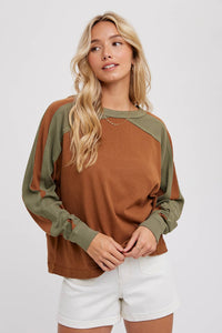 Sutton Contrast Sleeve Oversized Long Sleeve Top – Chestnut & Olive