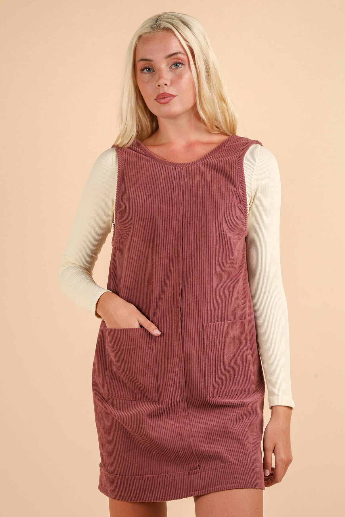 Lydia Corduroy Backless Casual Mini Dress: Mauve