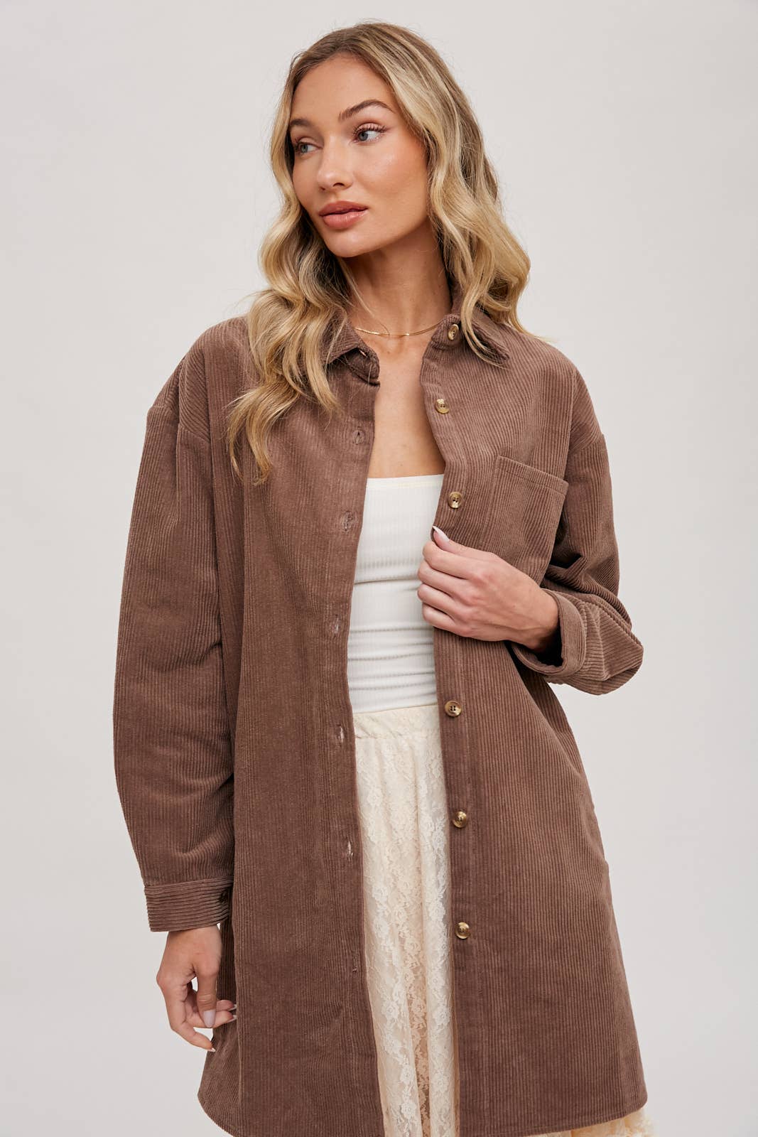 Clara Oversized Corduroy Jacket – Mocha Button-Down Shacket with Pockets