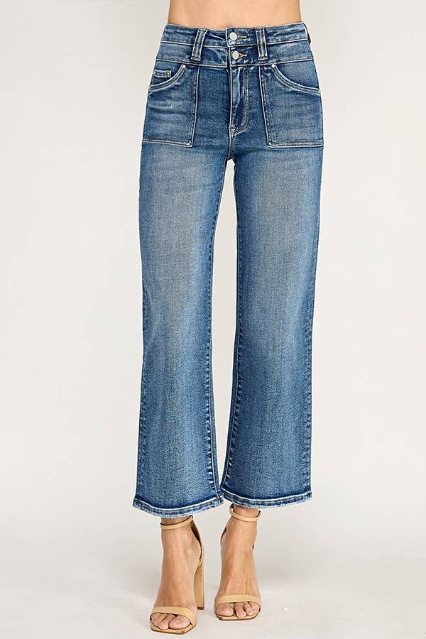 Petra153 "Sutton" Patch Pocket  High Rise Slim Wide Leg Jeans: Medium Wash