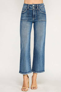 Petra153 "Sutton" Patch Pocket  High Rise Slim Wide Leg Jeans: Medium Wash
