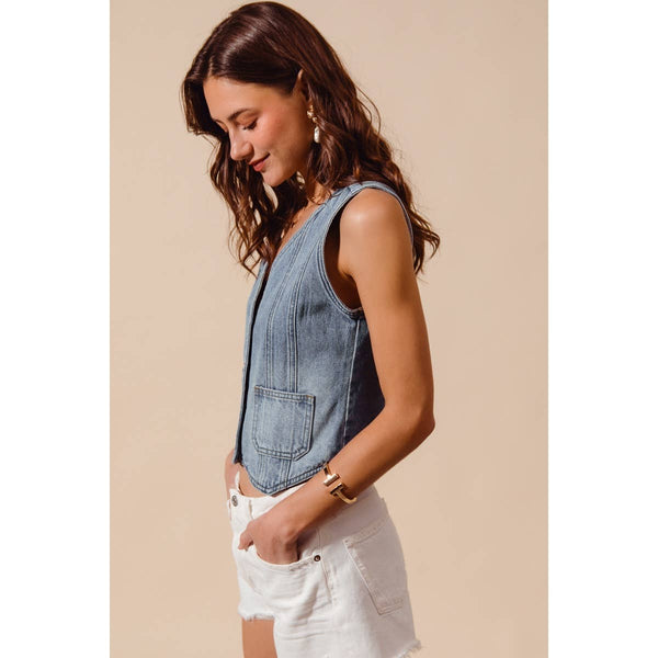 The Hudson Denim Vest: Light Wash  – Vintage Wash Button Front Denim Top