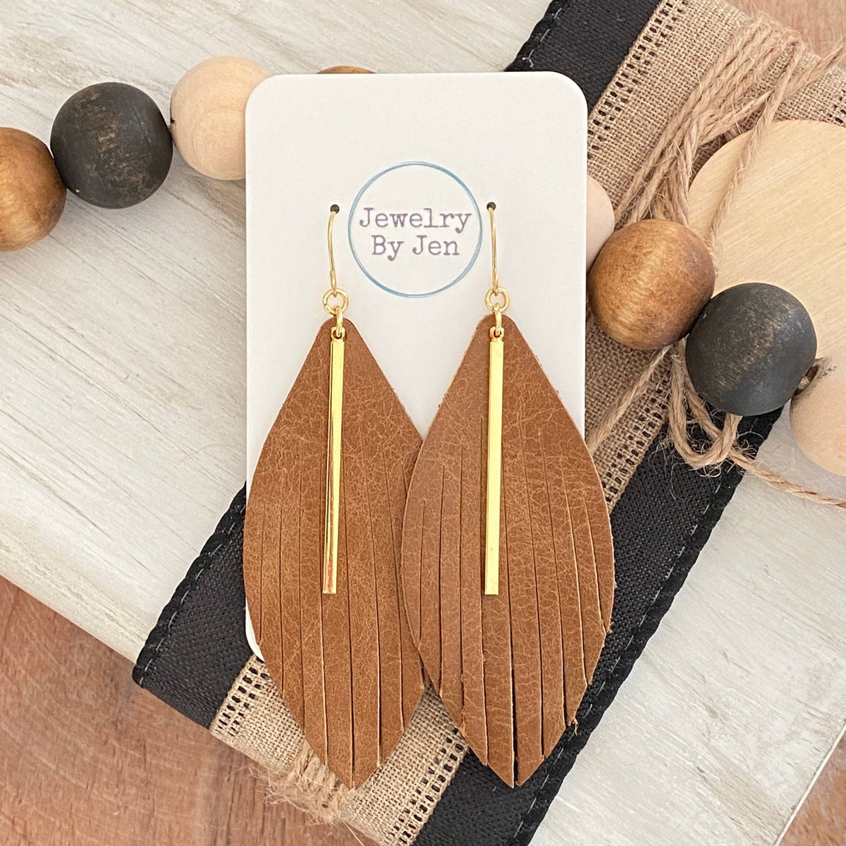 Sierra Leather Fringe Earrings – Long Boho Western Drop with Gold Bar Accent