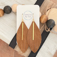 Sierra Leather Fringe Earrings – Long Boho Western Drop with Gold Bar Accent
