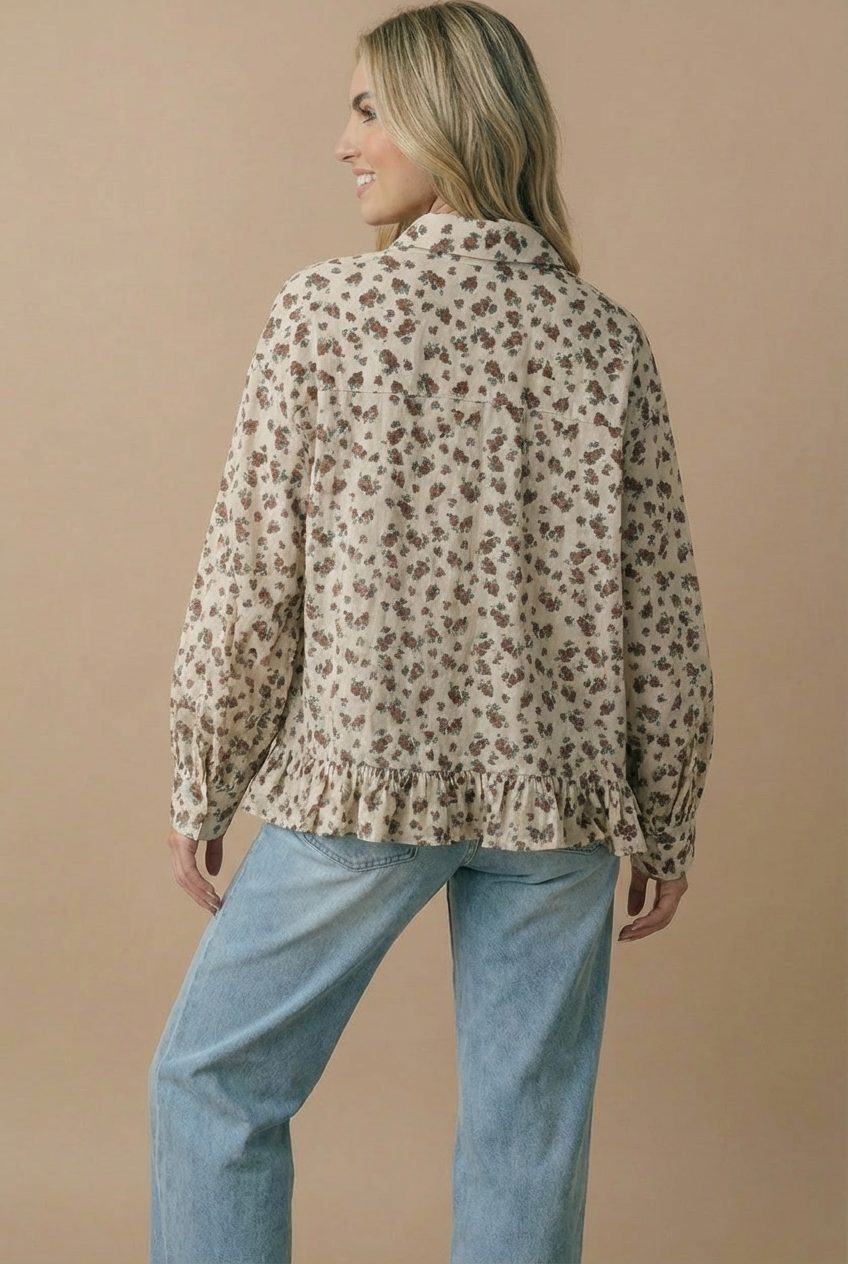 The Wren Floral Peplum Button-Up Blouse: Oatmeal