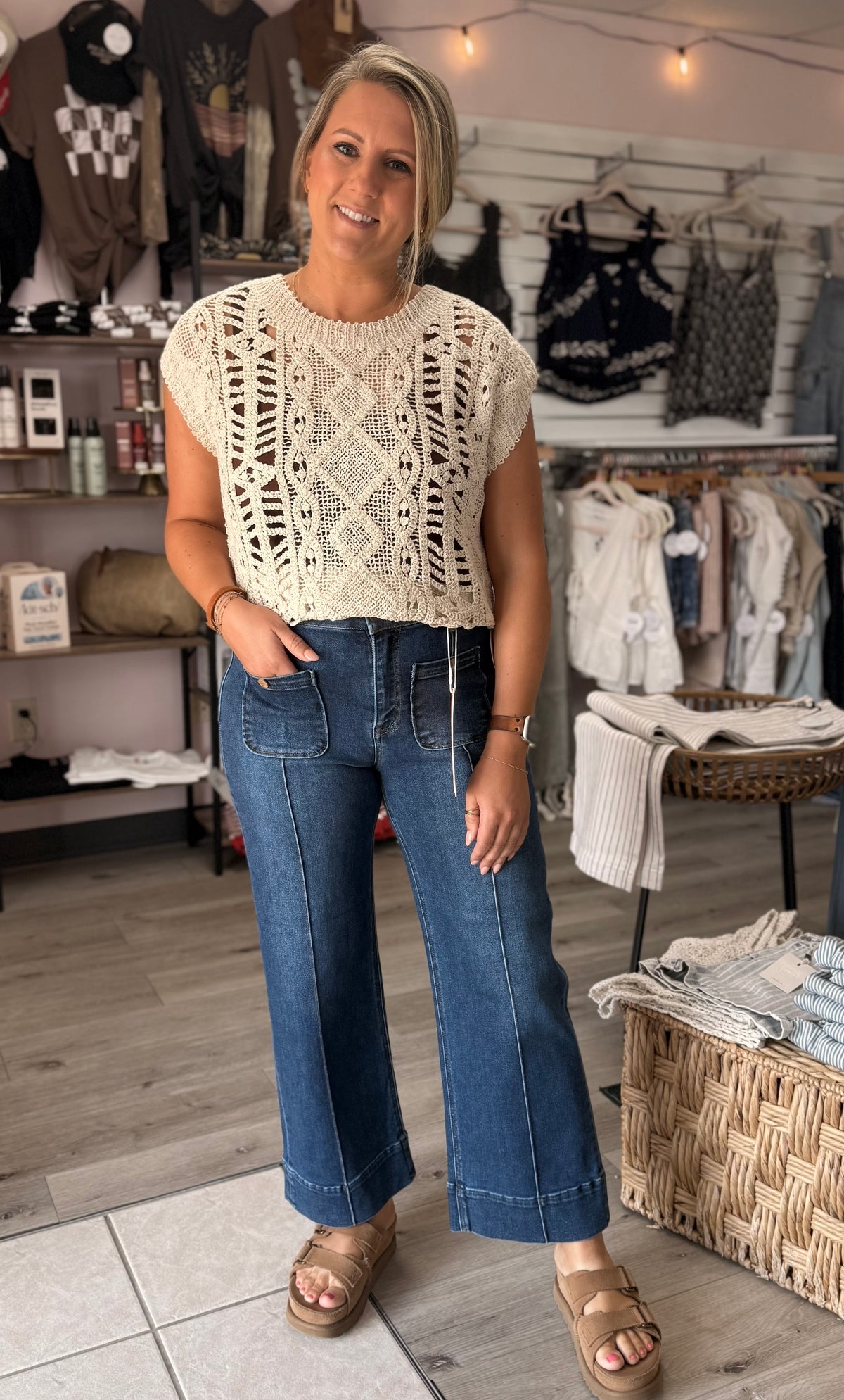 Open Skies Crochet Sweater Top: Natural