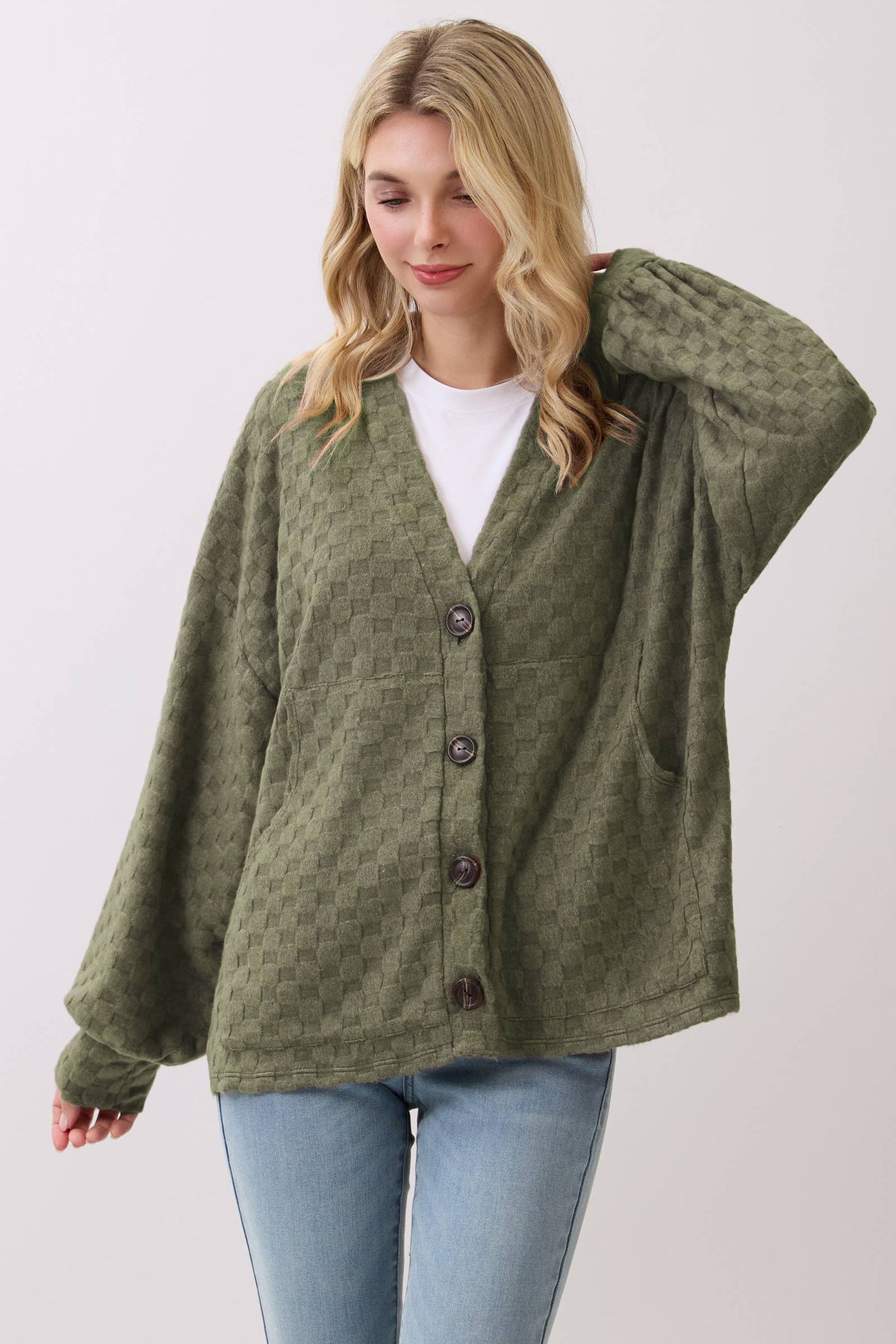 Juniper Checkered Textured Button-Up Cardigan – Soft Cozy Knit Layer