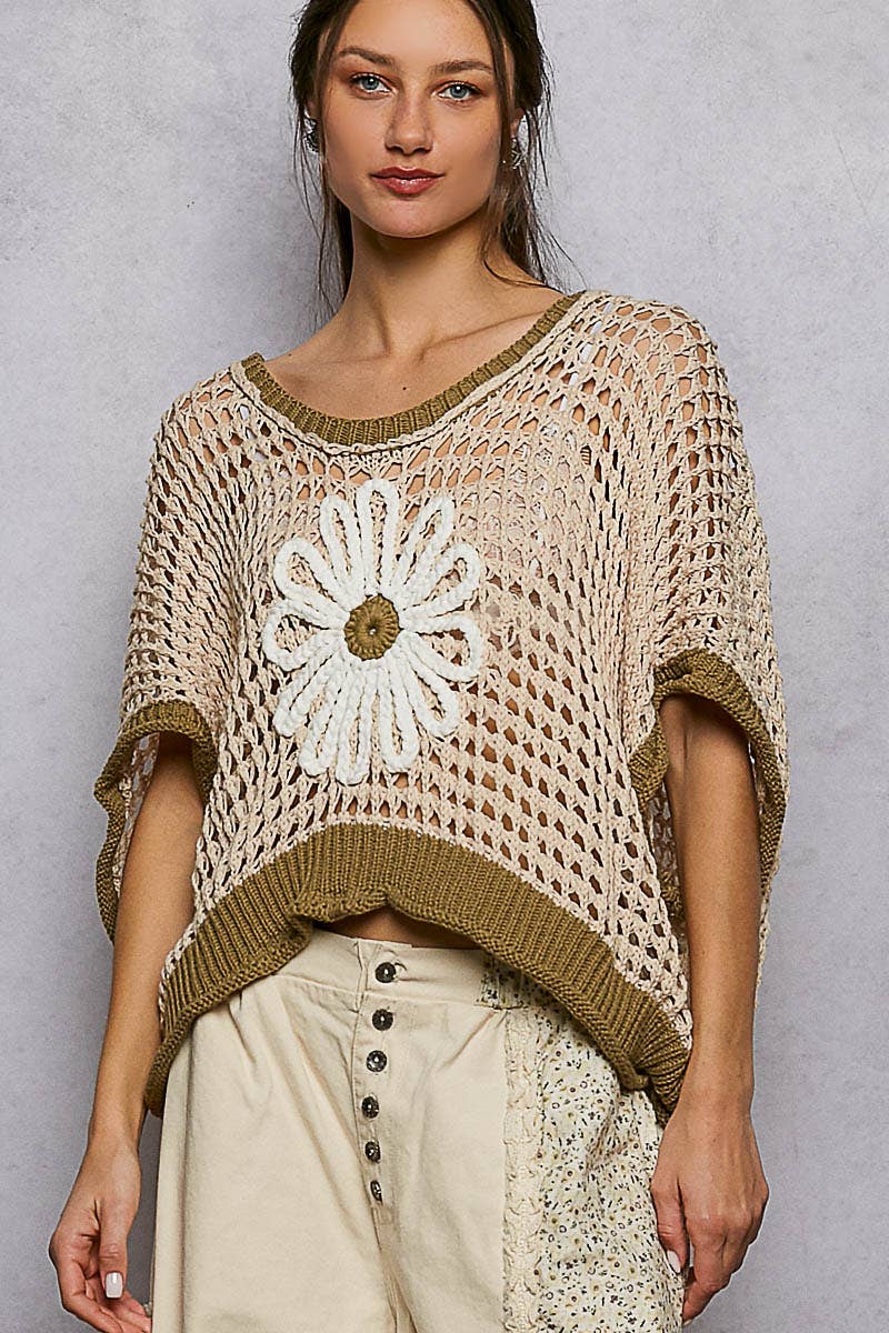 The Marigold Meadow Crochet Sweater: Beige/Olive