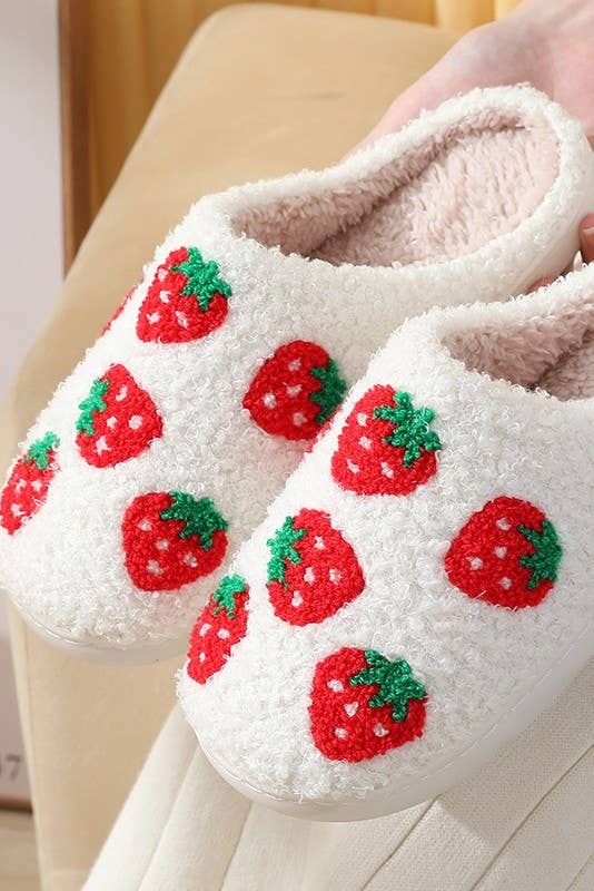 Strawberry Fields Plush Slippers – Soft Cozy Indoor House Shoes (Sizes 8–8.5)