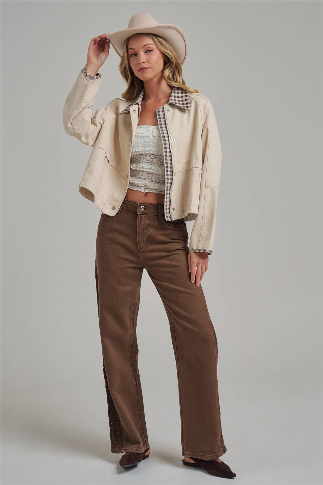 Checked Out Canvas Jacket: Oatmeal/ Brown