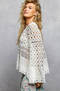 Long Sleeve Round Neck Women Crochet Top: NATURAL / OS