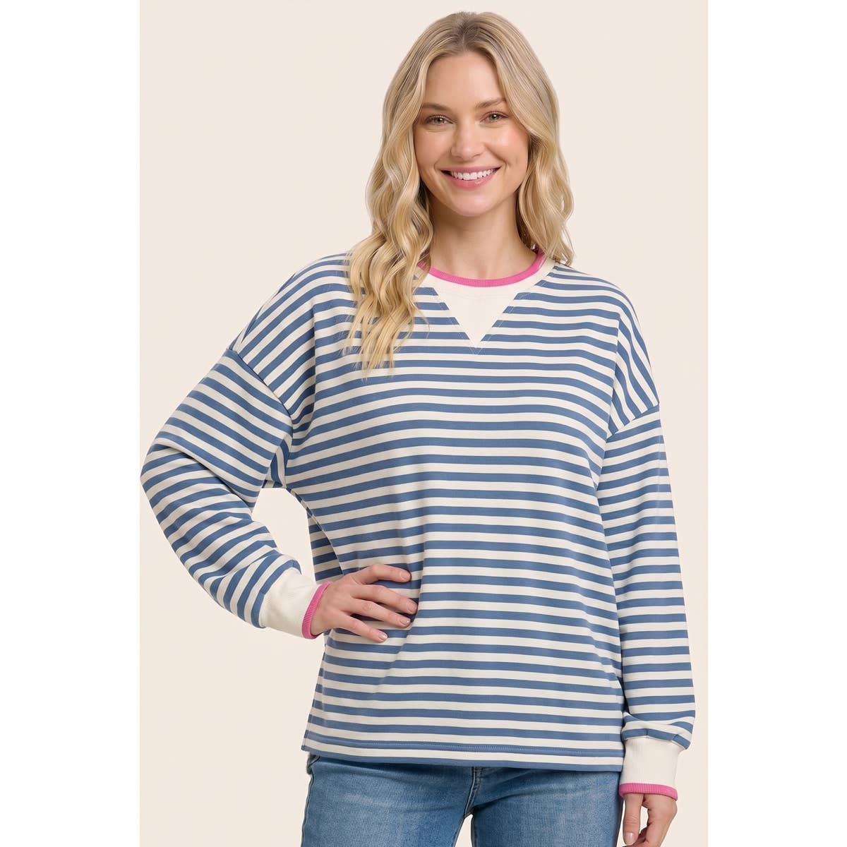 RELAXTED FIT STRIPED SWEATSHIRT: CAMEL / S-M-L-XL(2-2-2-1)