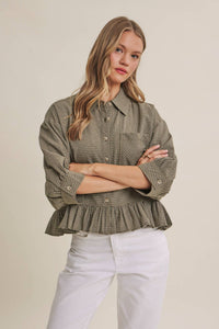 MORNING OAT MICRO CHECK RUFFLE HEM BUTTON-DOWN SHIRT: VANILLA / S
