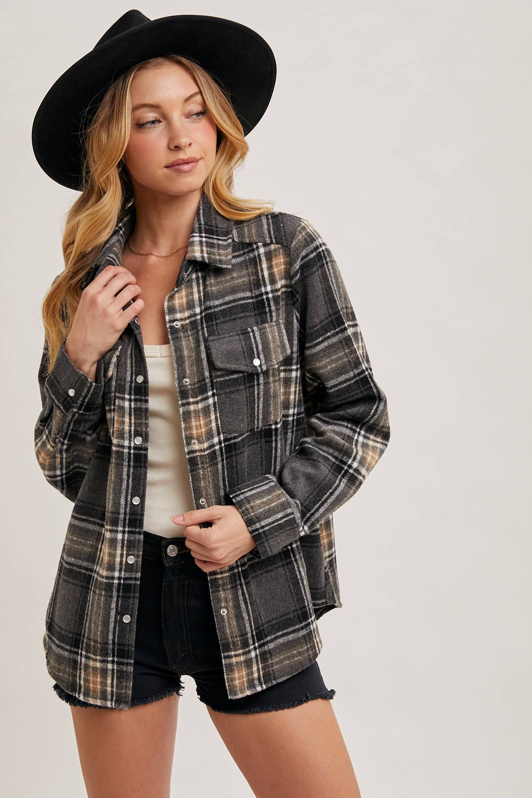 Oakley Brushed Plaid Flannel Button Down – Charcoal Cream Western Shacket