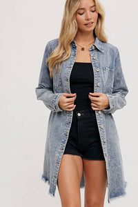 Billie Denim Distressed Long Sleeve Shirt Dress: Medium Wash