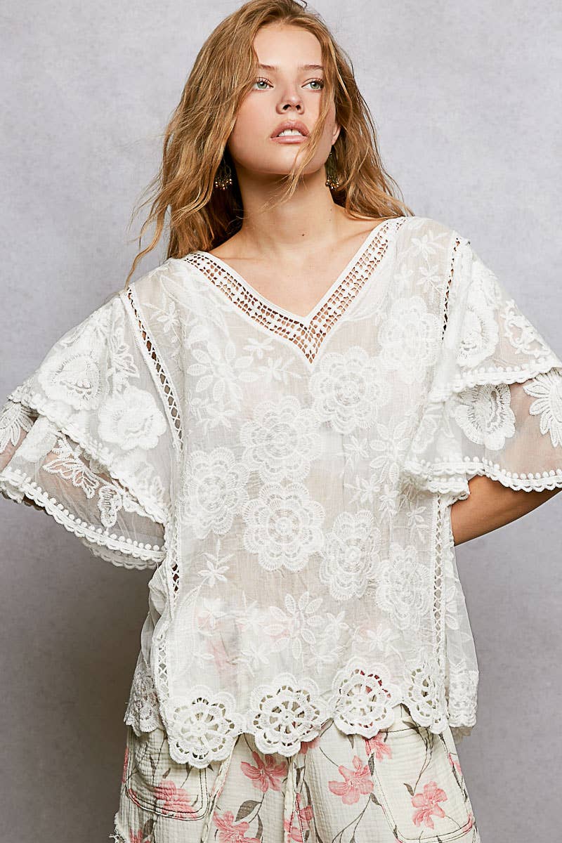 V-neck Short Sleeve Crochet Trim Solid Top: CAMEL / Os