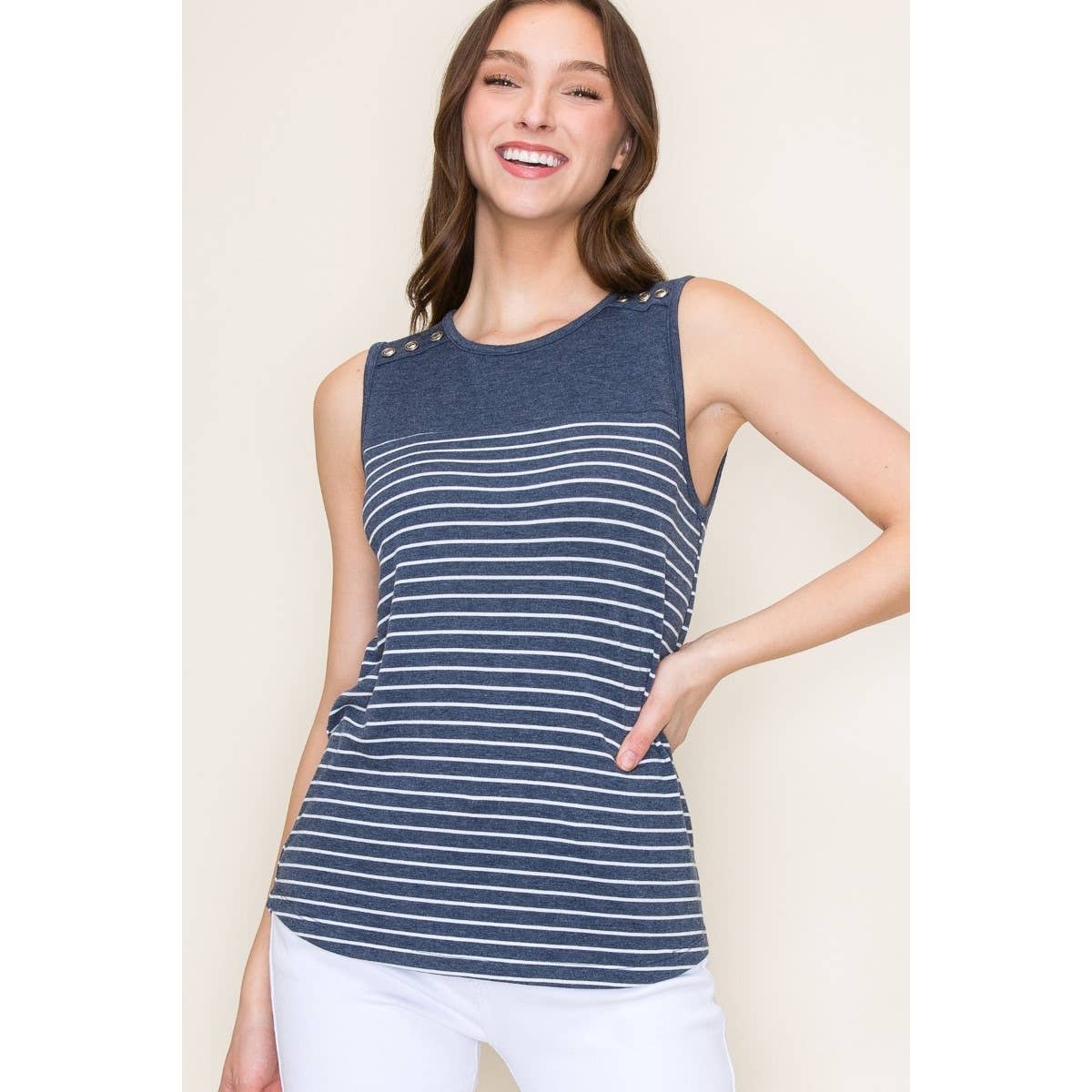 Harper Navy Striped Button Shoulder Tank | Casual Women's Sleeveless Top