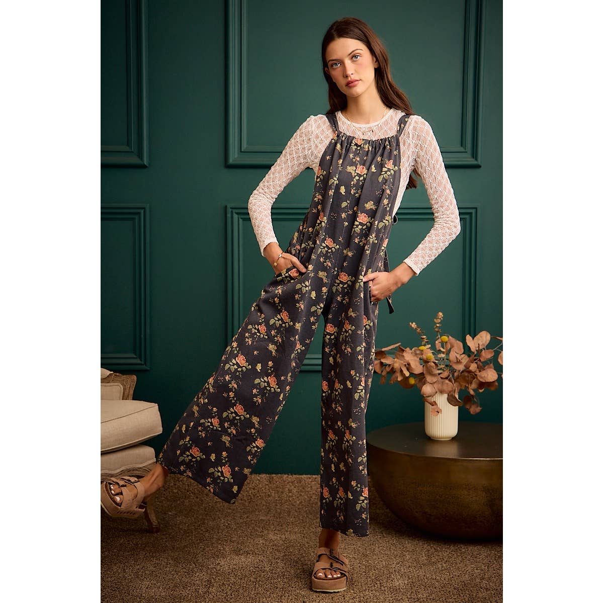 Rosewood Floral Wide Leg Overall Jumpsuit